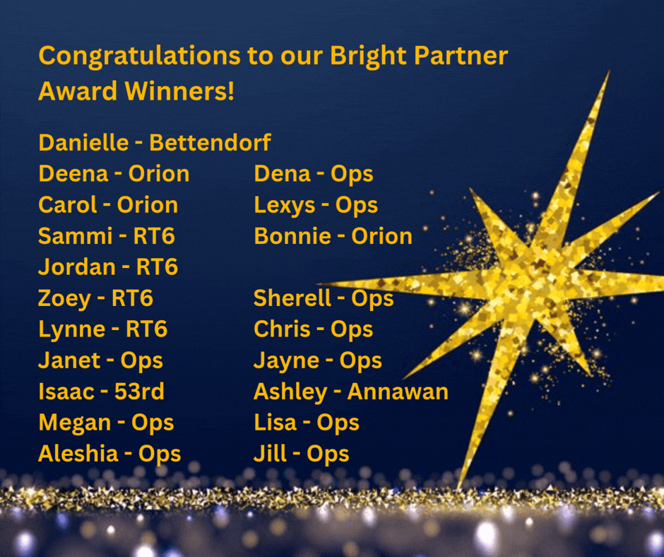 Bright Partner Award Winners for Feb 5th - March 6th with sparkle star gif